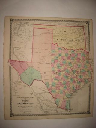 Masterpiece Huge Antique 1874 Texas Indian Territory Oklahoma Handcolored Map Nr