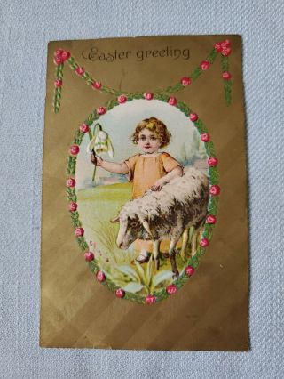 Vintage Postcard Easter Greetings Child With Lamb
