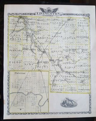 Antique Map - Livingston County Illinois - Warner & Beers/union Atlas Co.  1876