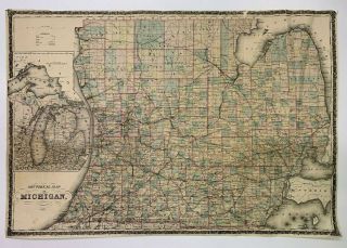 Antique 1873 Sectional Map Of Michigan,  32 3/4 " X 22 1/2 "