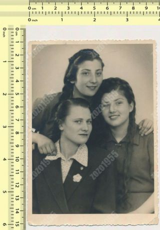 Three Girls Hug Women Ladies Females Long Hair Braids Vintage Photo Old