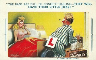 Vintage Comic " The Bags Are Full Of Confetti Darling.  " Bamforth Postcard 1107