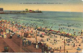 Boardwalk And Beach Scene Atlantic City Jersey Vintage Postcard 1950
