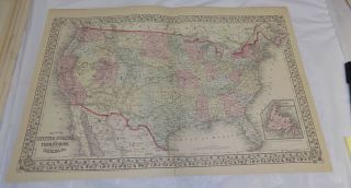 1867 Antique Color Map//united States,  Its Territories,  And Parts Of Canada
