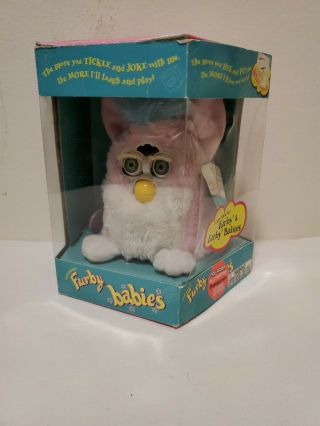 Rare Tiger Furby Babies Pink And White,  Blue Hair W/ Green Eyes Vintage