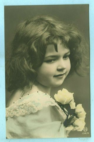 2nd Of 2 Vintage,  Photo Of A Pretty Young Girl In A Fancy Dress With White Roses