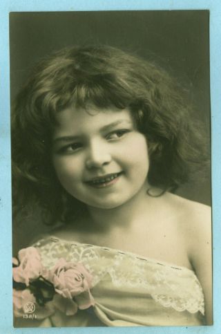 1st Of 2 Vintage,  Photo Of A Pretty Young Girl In A Fancy Dress With Pink Roses