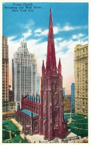 York City,  Ny,  Trinity Church,  Broadway & Wall Street,  Vintage Postcard A2309