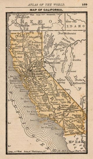 1888 Antique California Map Miniature Vintage Map Of California State Map 9039