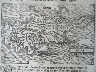 Antique Ca.  1575 Woodcut Map Of Cyprus,  From Sebastian Munster 