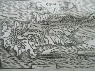 Antique ca.  1575 woodcut map of Cyprus,  from Sebastian Munster ' s 