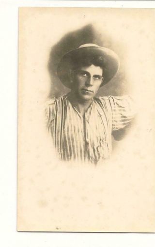 Vintage Real Photo Pc; Handsome Young Man In His Wide - Brim Hat Posing For Photo
