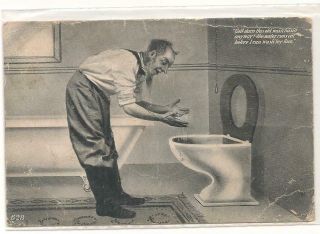 Vintage 1907 Comic Pc; Man Washing Hands In Toilet Basin