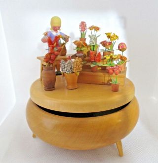 Vintage Thorens Flower Lady Wood Carved Music Box Edelweiss Switzerland Rare