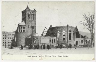 Malden,  Ma.  First Baptist Church After The Fire.  Vintage Postcard