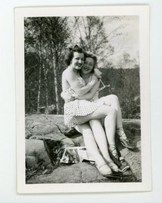 Woman In Sexy Interlocked Legs Pose - Vintage Snapshot Found Photo