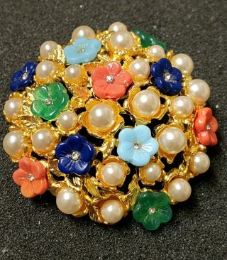 Rare Vintage Craft Colorful Flower Bouquet W/faux Pearls Gold - Tone Brooch Pin