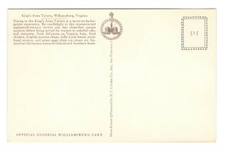 King ' s Arms Tavern Williamsburg Virginia Vintage Postcard EB65 2