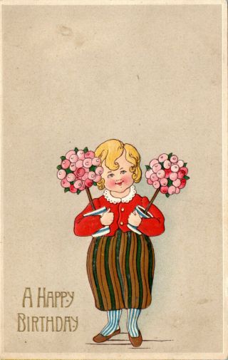 Happy Birthday,  Girl With Flowers,  Arts And Crafts,  Vintage - Postcard (b19)