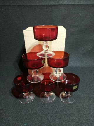 6 Luminarc Arcoroc Ruby Red Clear Thick Stem (rare) Glasses France 3 1/4 " - Mcm