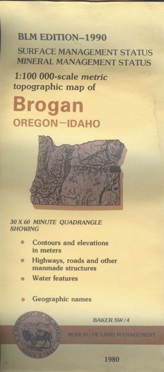 Usgs Blm Edition Topographic Map Oregon Idaho Brogan 1990 Mineral Baker Sw/4