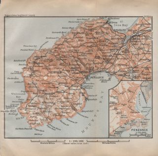 1910 Baedeker Antique Map - Uk - Cornwall,  Penwith Peninsula,  Inset Penzance Plan