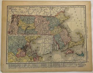 Antique 1911 Rand Mcnally Map Of Massachusetts And Rhode Island