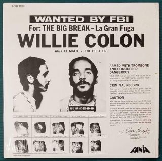 Willie Colon Wanted By Fbi / The Big Break - La Gran Fuga Rare Banned Cover (nm)