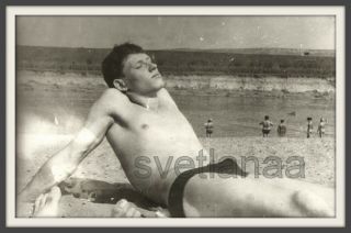 Birthday On Beach 21yo Handsome Man Trunks Muscle Bulge Su Vintage Photo Gay Int