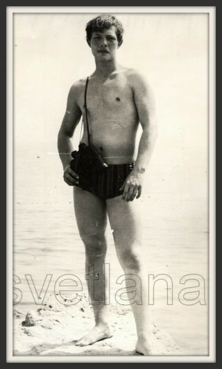 Beach Sea Captain Binoculars Handsome Man Trunks Muscle Bulge Vintage Photo Gay