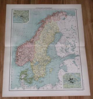 1900 Antique Map Of Scandinavia Sweden Norway Denmark Stockholm Oslo