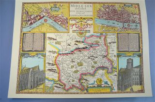 Vintage Decorative Sheet Map Of Middlesex London Town Plan John Speede 1610