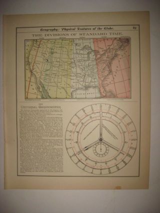 Antique 1892 United States Standard Time Map Chronometer Texas California Fine