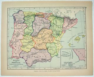 Vintage Map Of Spain,  Portugal & The Battle Of Trafalgar By Longmans Green 1907