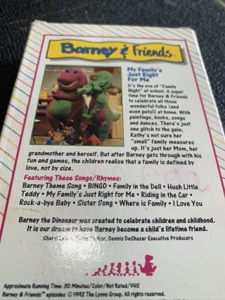 Barney & Friends MY FAMILY ' S JUST RIGHT FOR ME VHS VIDEO / Purple Dinosaur RARE 3