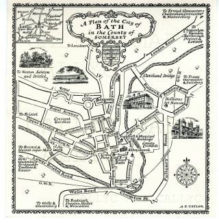 1936 Vintage Map Bath City Plan By Alfred Taylor Roads