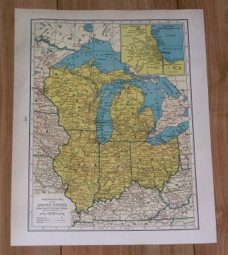 1936 Vintage Map Of Great Lakes Superior Michigan Huron Chicago Detroit