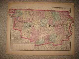 Antique 1871 Franklin County Massachusetts Handcolored Map Railroad Rare