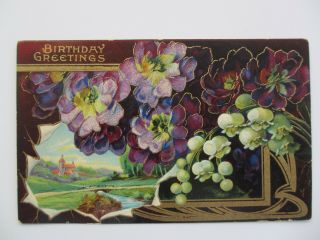 Vintage Embossed Flowers Birthday Greetings Postcard 1