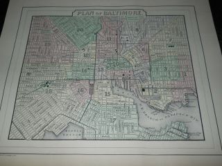 Antique 1887 Plan Map Of Baltimore 11 X 13 " Map Very Colorful