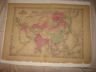 2 Huge Antique 1865 1867 Asia Johnson Handcolored Map China Arabia India Formosa