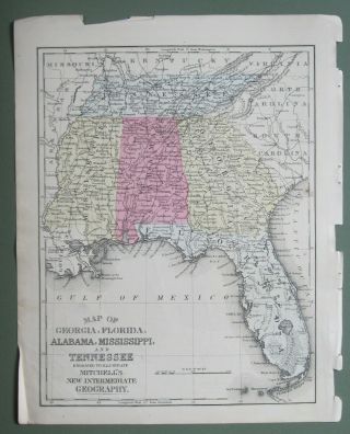 Antique 1876 Mitchell Map:alabama,  Mississippi,  Tennessee,  Georgia,  Florida