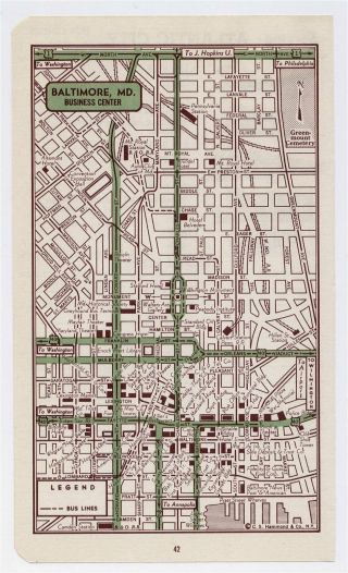 1951 Vintage Map Of Baltimore Maryland Downtown Business Center
