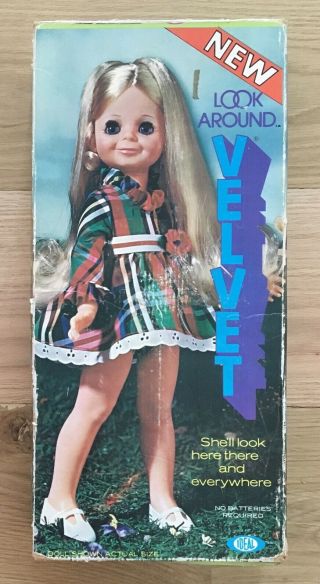 Rare Vintage Antique 1972 Ideal Look Around Velvet Doll With Box Dress