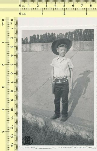 123 Cowboy Kid Child Portrait Toy Revolver Gun Vintage Photo Snapshot