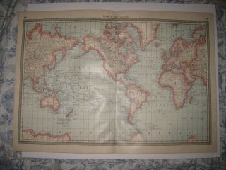 Large Fine Vintage Antique 1885 World Map Asia United States Australia Africa Nr