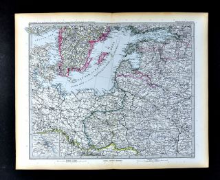 1892 Petermann Map Baltic Sea Germany Sweden Poland Warsaw Danzig Russia Estonia