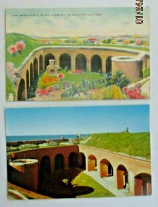 2 Vintage Postcards Of Fort Massachusetts On Ship Island Off The Mississippi Gul