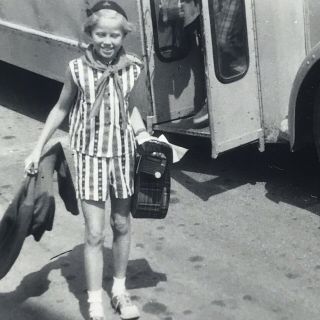 Vintage Black And White Photo Little Girl Getting Off School Bus Backpack Jacket
