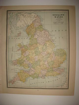Vintage Antique 1887 England Wales & Scotland Map Railroad London Detailed Fine